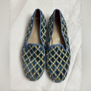 Stubbs & Wootton Blue & Gold Velvet Diamond Style Flats Loafers Size 8 Classic